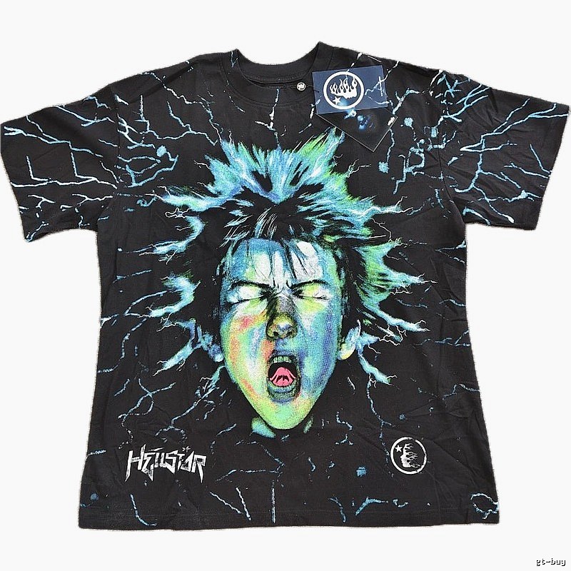 Hellstar Lightning Portrait Street Style Black & Blue T-Shirt