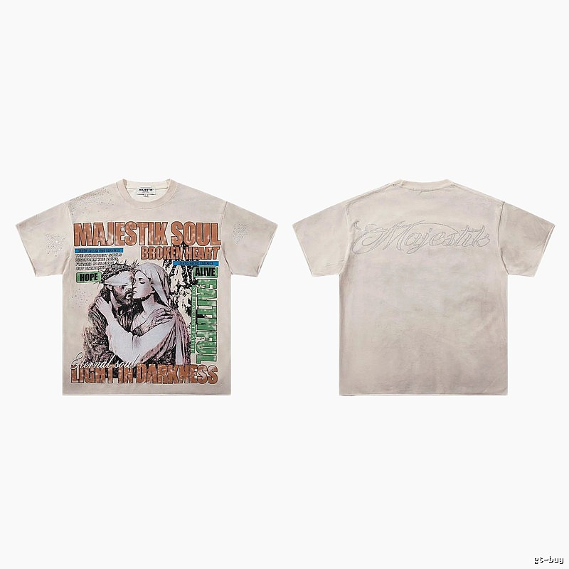 MAJESTIK Religious Print Vintage Style Off-white T-Shirt