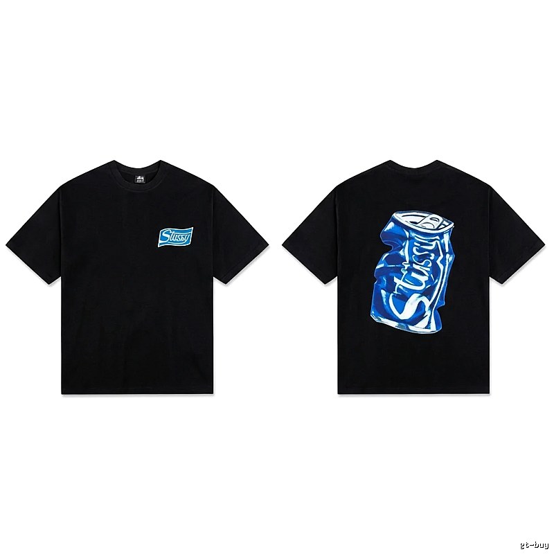 Stussy's black T-shirt with a can-style design