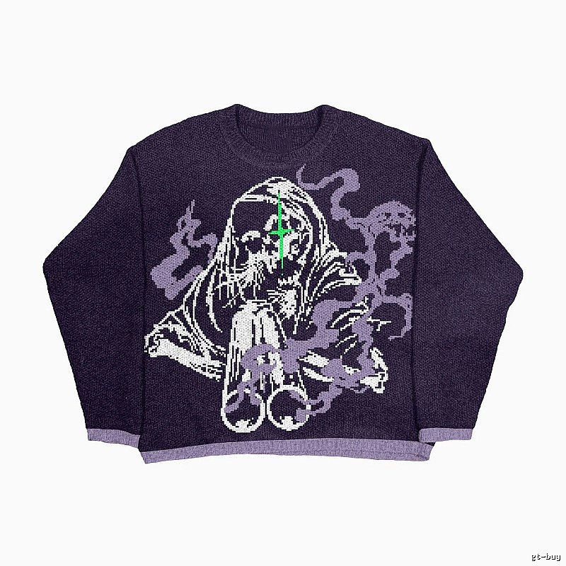 Travel Anime graphic sweater Black Knit Top with Soft Visual Tone