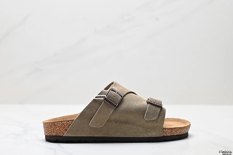 Birkenstock Vintage-Style Double-Buckle Khaki Cork Slide Sandals