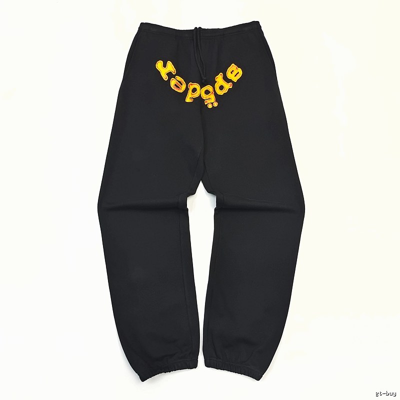 Bold Yellow Wordmark Graphics And Cuffed Hems Black Sp5der Logo Sweatpants