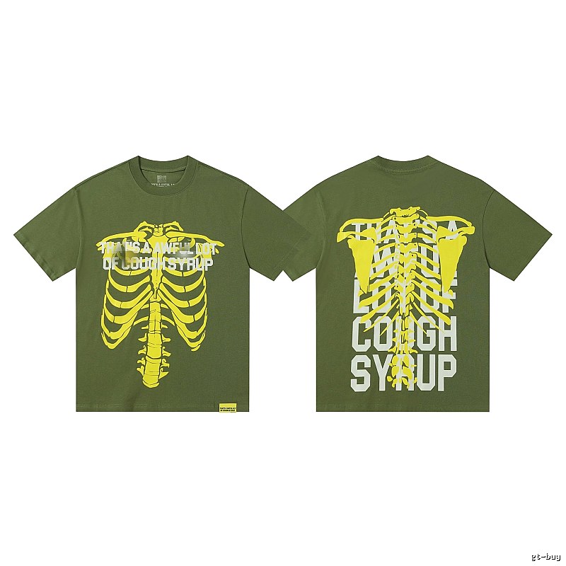 COUGH SYRUP Skeleton Print Street Style Army Green T-shirt