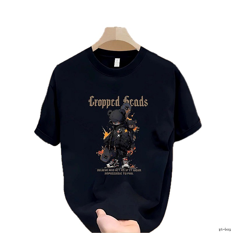 Cropped Skate Bear Street Style Navy Short Sleeve T-Shirt