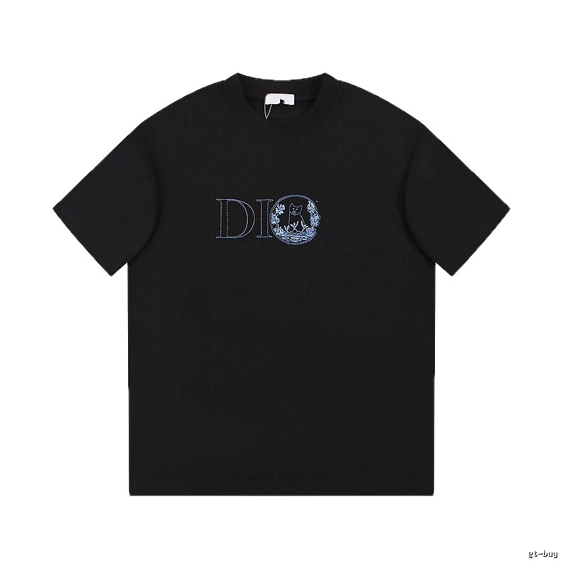Dior Cat-Embroidered Casual Black T-Shirt