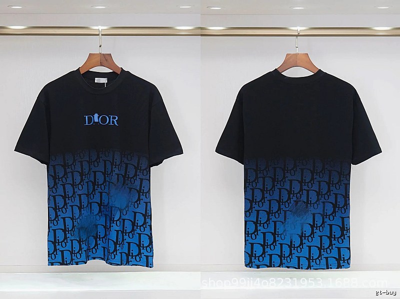 Dior Classic Monogram Trendy Style Black-Blue Gradient T-Shirt