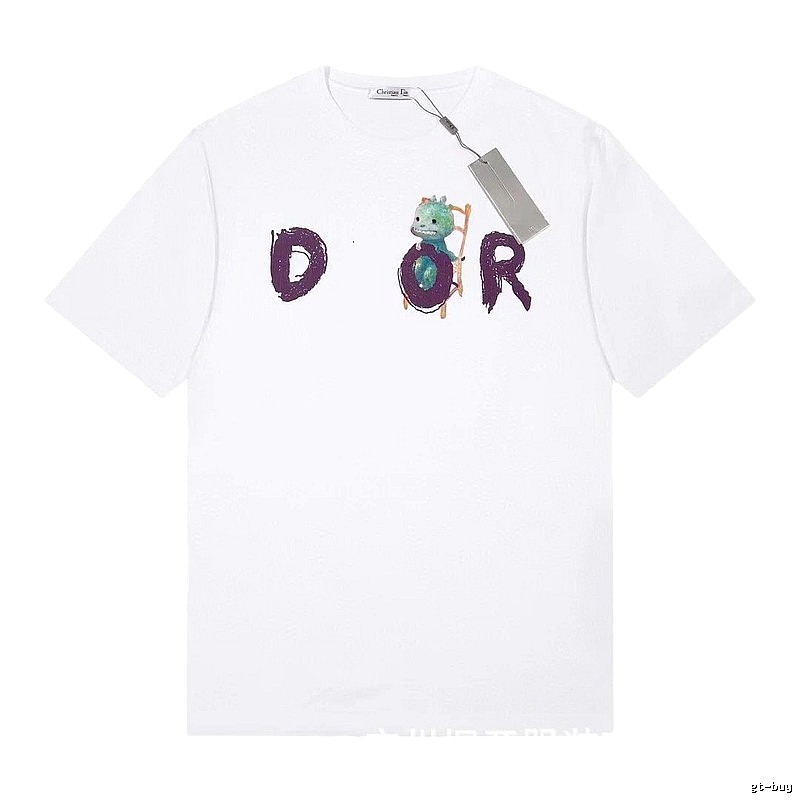 Dior Dinosaur Graffiti Cool Trendy White Short-sleeve T-shirt