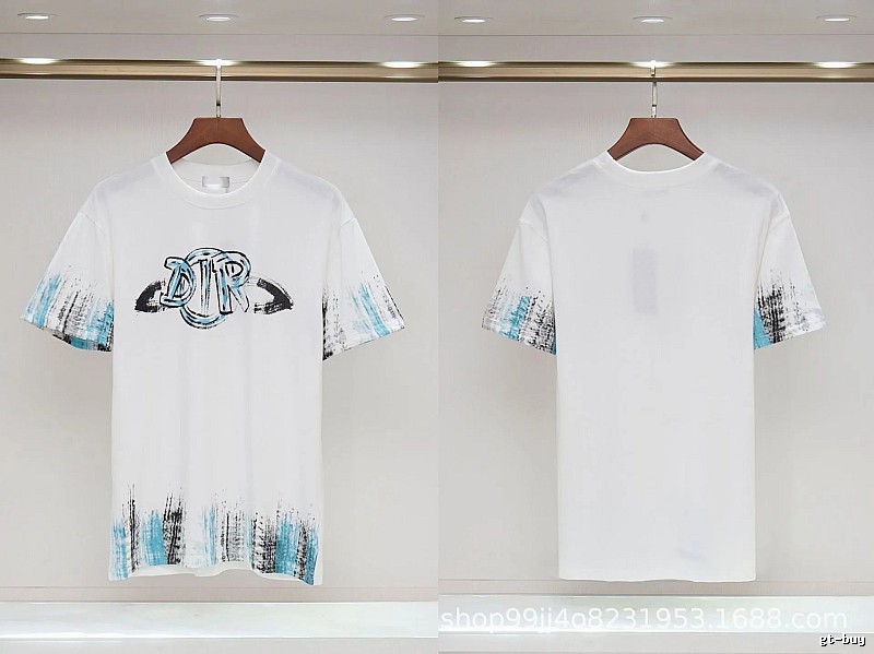 Dior Graffiti Collection Street Style White and Blue Short-sleeve T-shirt