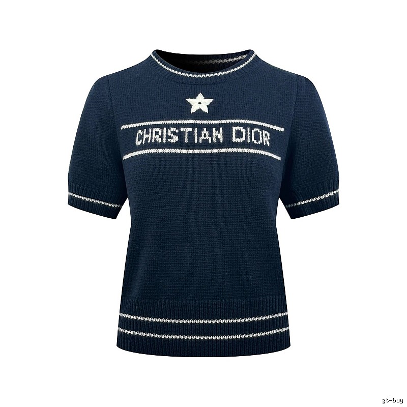 Dior Short Sleeve Knit Sweater with Cream Trim and Star Detail