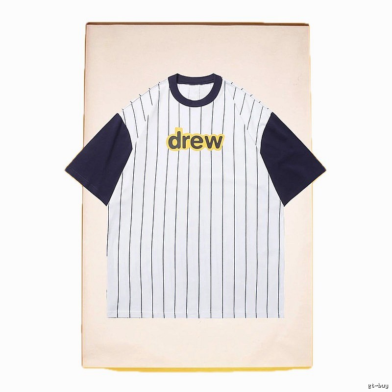 DREW Letter Print Street Style White and Navy Blue Short Sleeve T-Shirt
