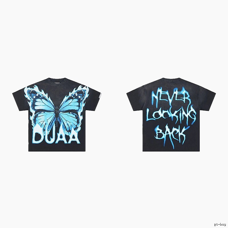 DUAA Butterfly Print Street Style Black and Blue Short-sleeved T-shirt