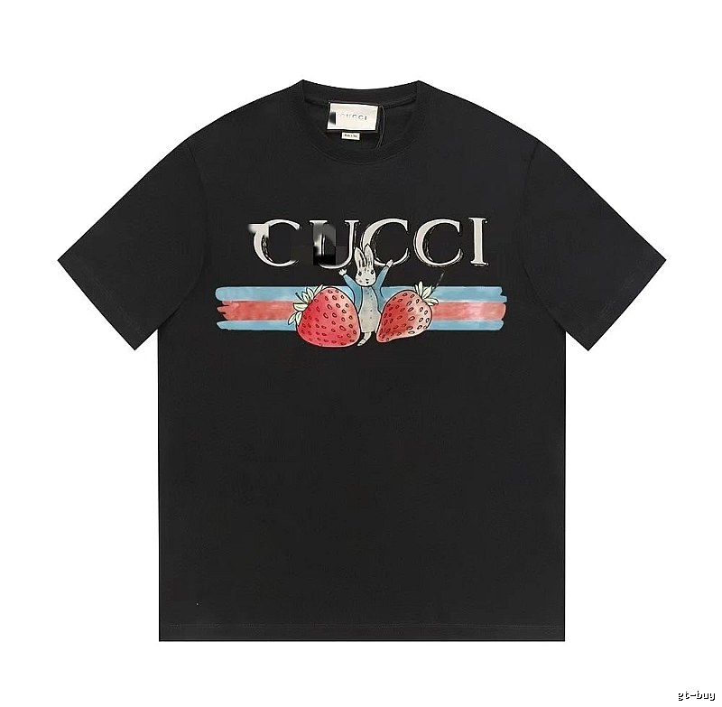 Gucci Strawberry Rabbit Print Collection Casual Style Black T-Shirt