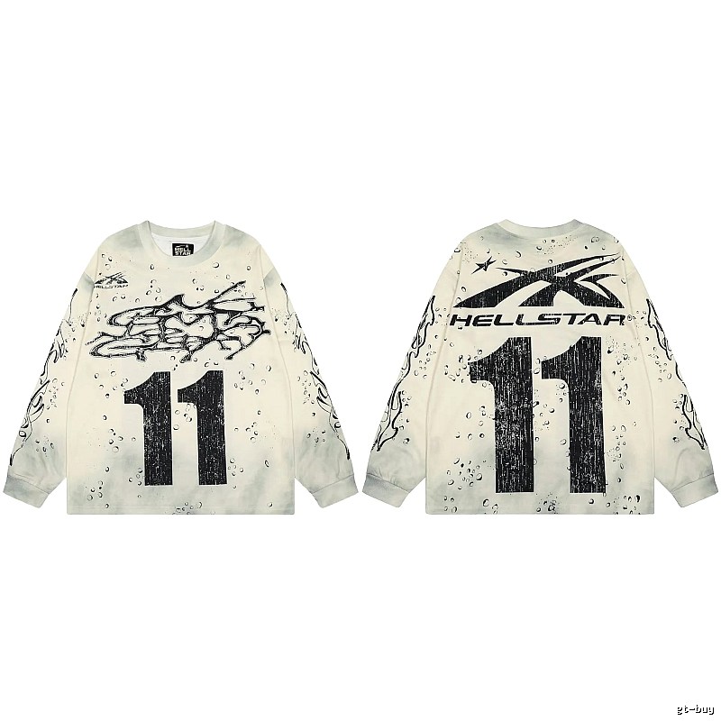 Hellstar No.11 Distressed Street Style Off-white Long Sleeve T-shirt