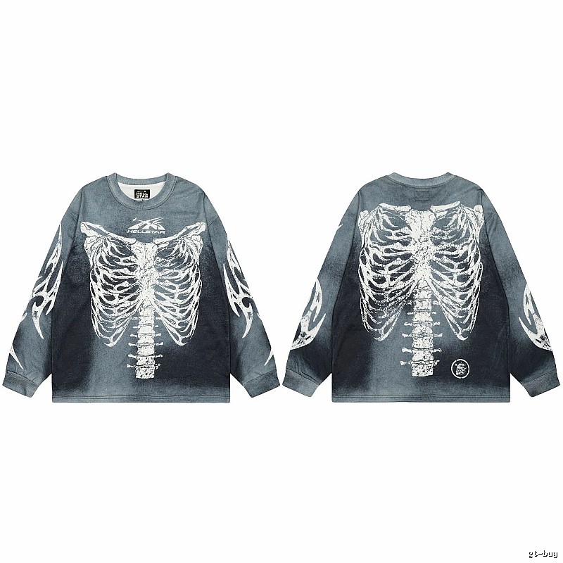 Hellstar Skull Print Street Style Vintage Grey Long Sleeve T-shirt