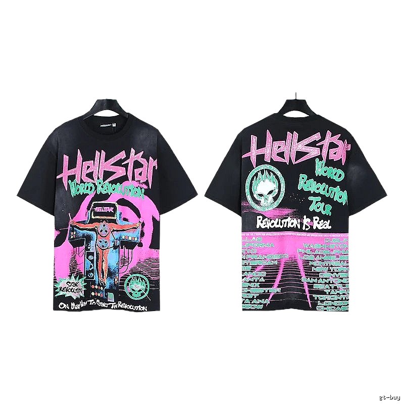 Hellstar World Revolution Tour Street Style Black & Pink Short Sleeve T-Shirt