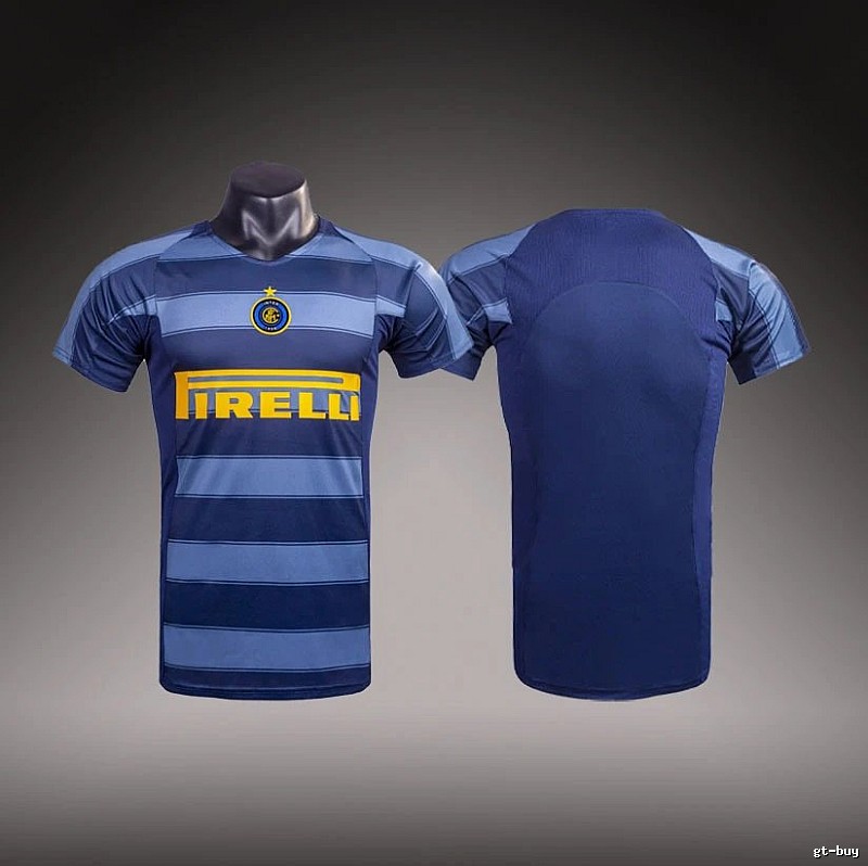 Inter Milan Summer Brehme #3 soccer jersey Blue Black Striped with Bold Graphic