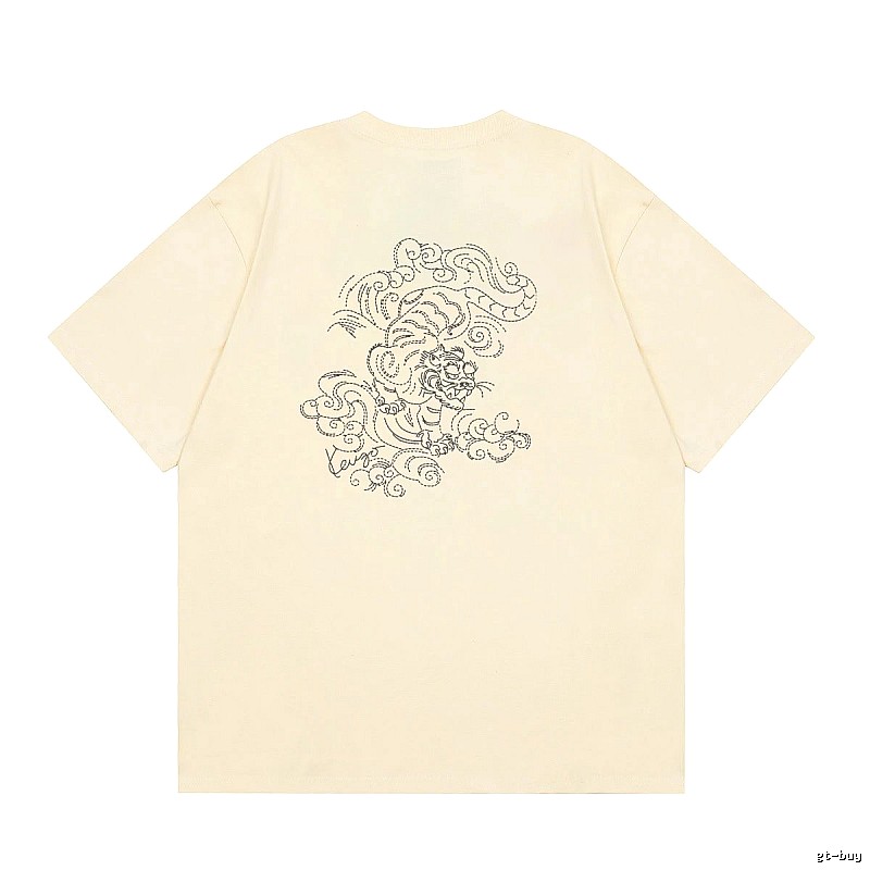 KENZO Auspicious Cloud Tiger Embroidery Chinese Style Beige Apricot Short Sleeve T-Shirt