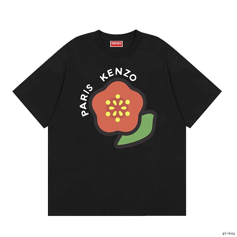 KENZO Begonia Flower Trendy Style Black T-shirt