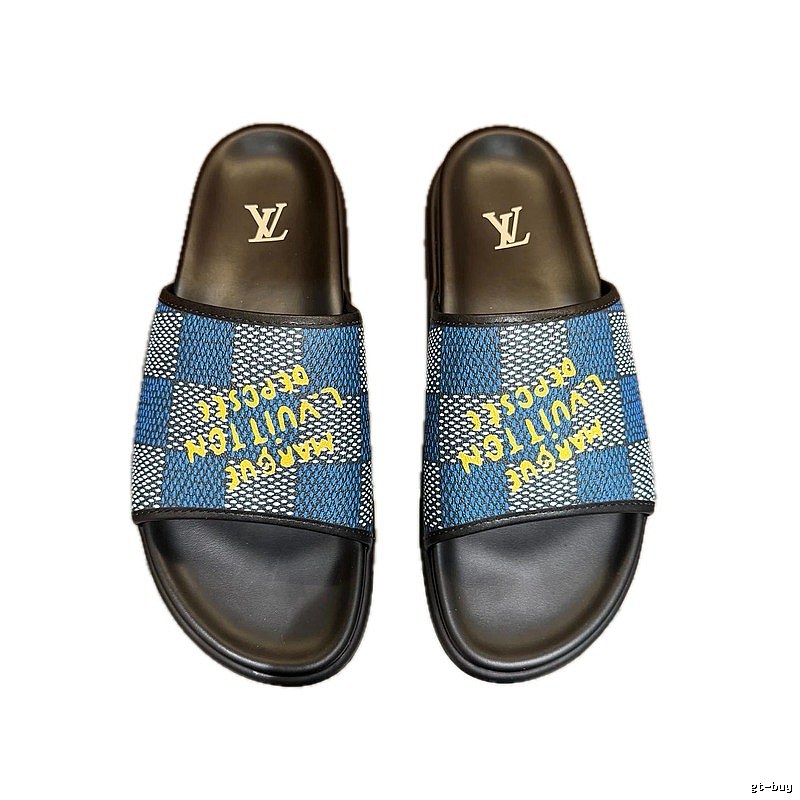 Louis Vuitton Checkerboard Graffiti Style Blue and Black Slides