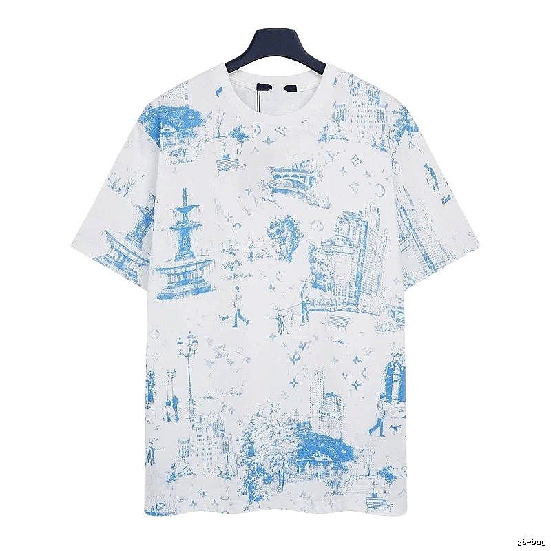 Louis Vuitton City Print Casual Style White and Blue T-Shirt