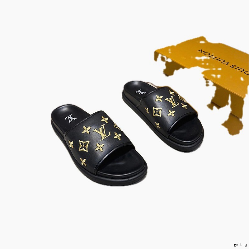 Louis Vuitton Classic Monogram Light Luxury Black and Gold Slide Sandals