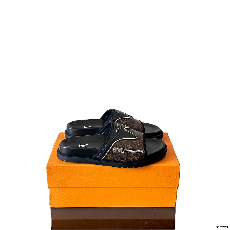 Louis Vuitton Classic Monogram Light Luxury Style Brown and Black Slides