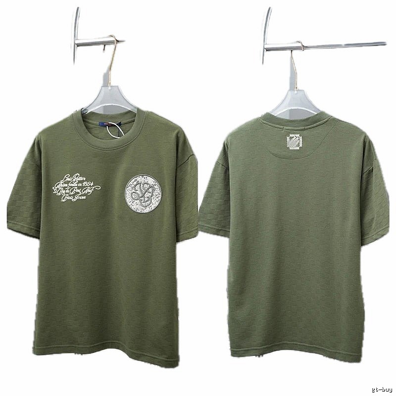 Louis Vuitton Embroidered Badge Casual Style Army Green T-Shirt