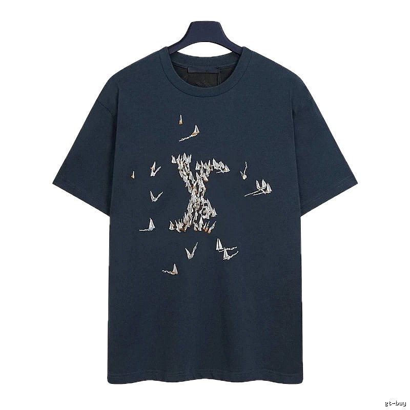 Louis Vuitton Light Luxury Style Navy Blue T-Shirt with Sailing Boat Embroidery