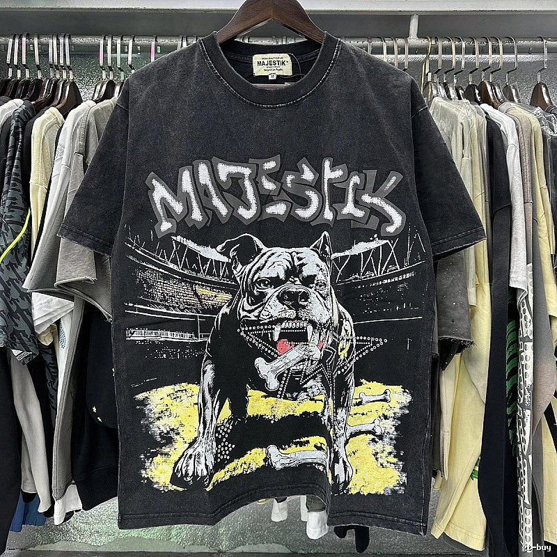 MAJESTIK Bulldog Distressed Street Style Black T-Shirt