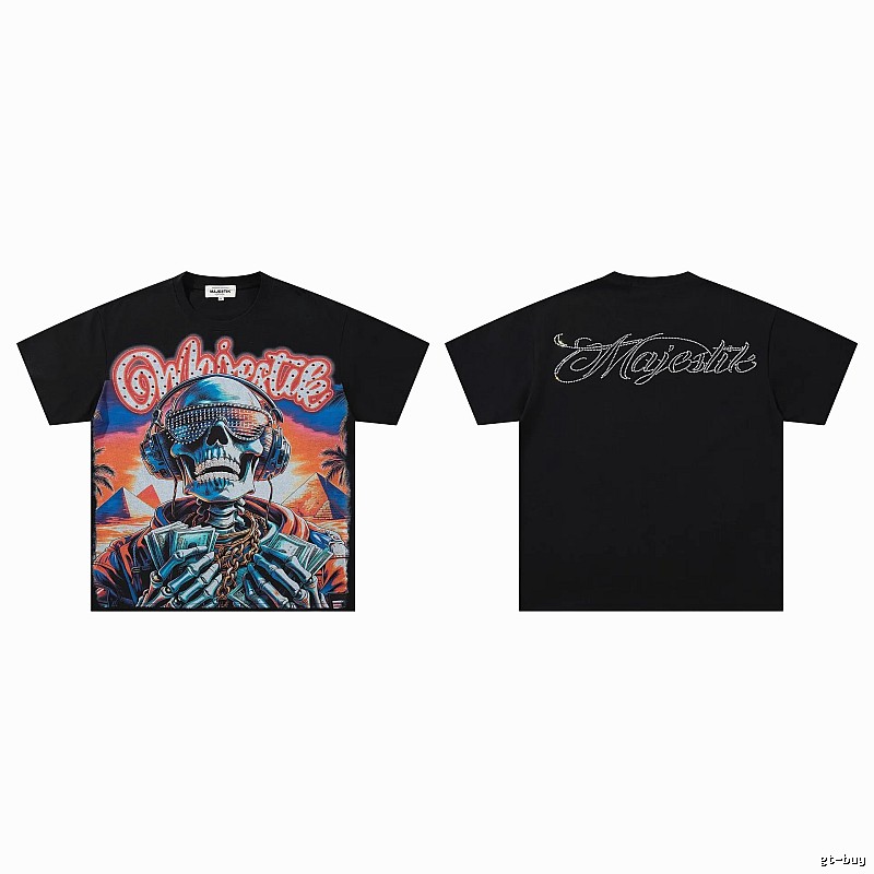 MAJESTIK Skull Print Hip-hop Style Black T-shirt