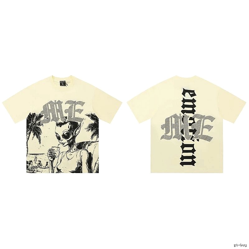 Mixed Emotion Alien Print Street Style Beige T-Shirt