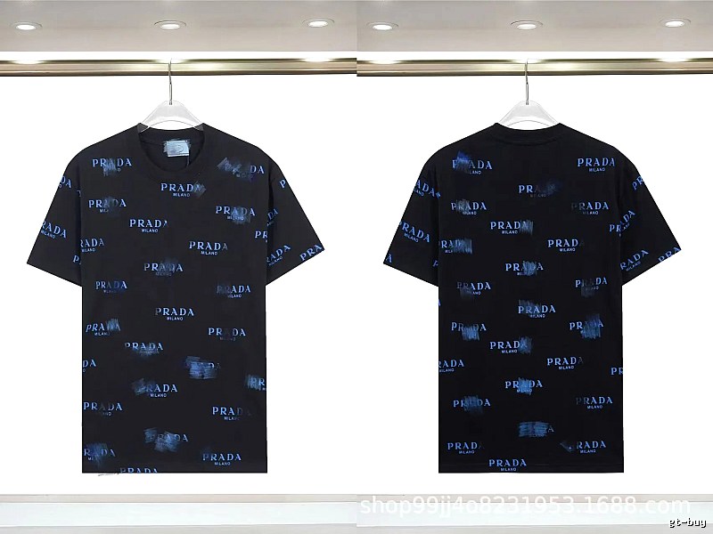 Prada All-over Printed Streetwear Style Black Short-sleeve T-shirt