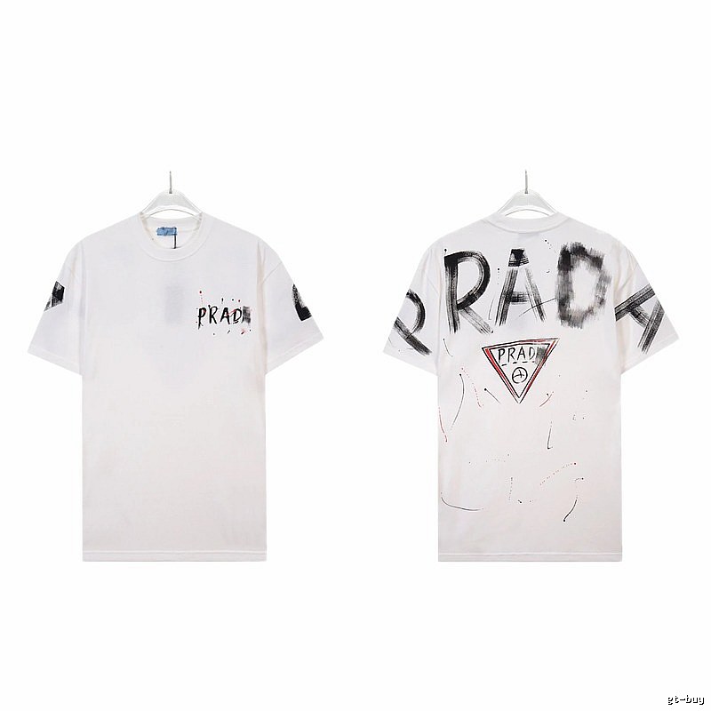 Prada Triangle Logo Graffiti Street Style White Short-sleeve T-shirt