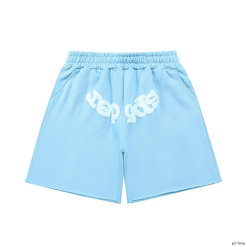 Sp5der letter-style light blue shorts