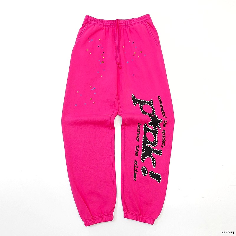 Sp5der Logo Sweatpants in Hot Pink - black vertical branding and cuffed ankles