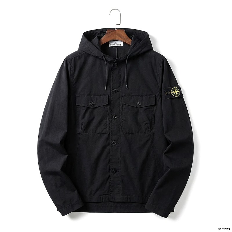 Stone Island Workwear Style Black Hooded Coat