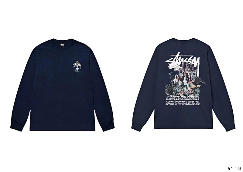 Stussy printed trendy style navy long-sleeve