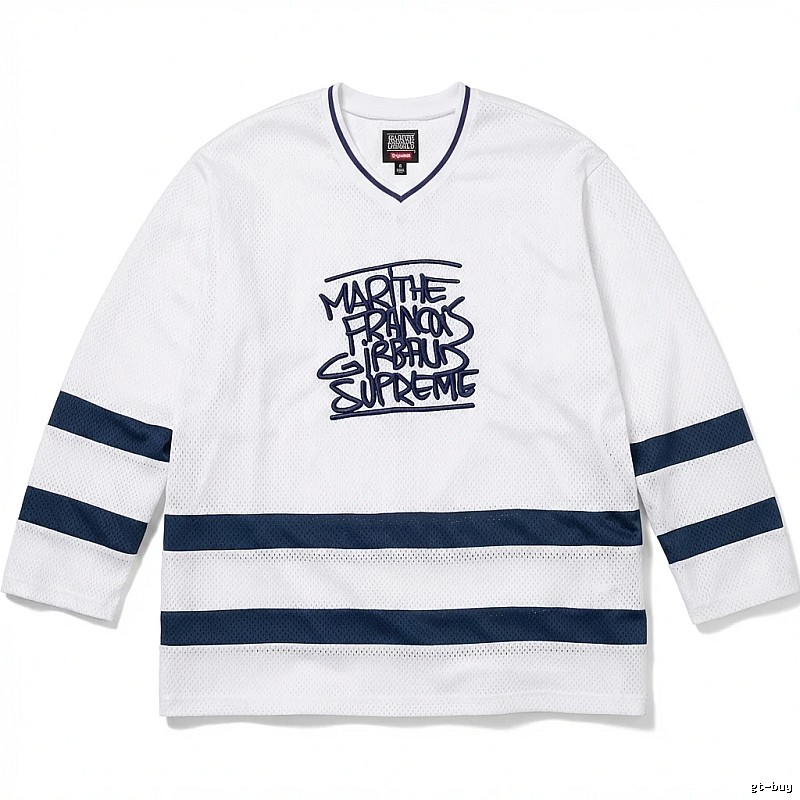 Supreme graffiti-style white and blue jersey