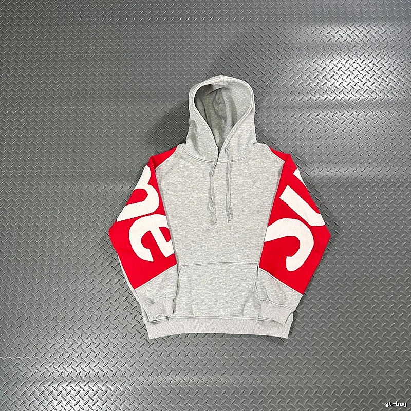 Supreme Grey Hoodie with Red Sleeve Logo Panels