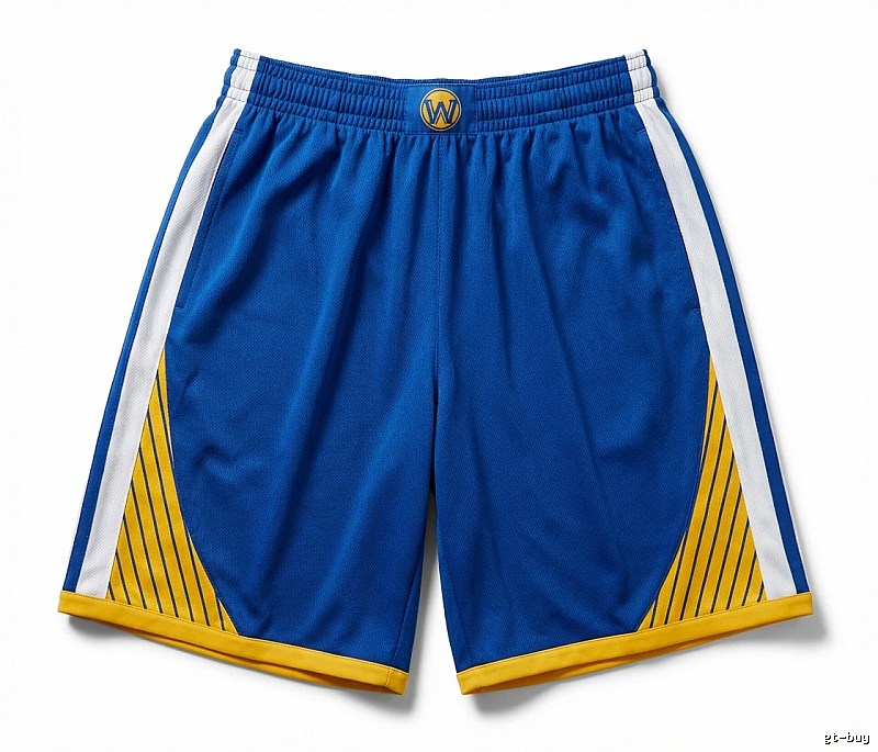 The blue, white and yellow shorts of the Golden State Warriors for Curry.
