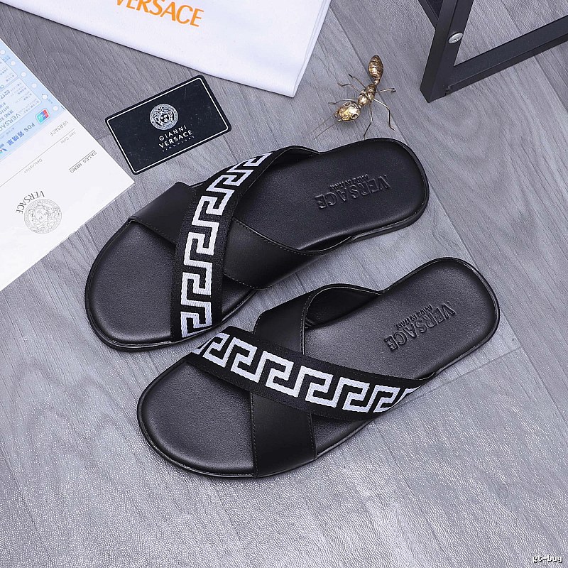 Versace Greek Key Casual Style Black Slide Sandals